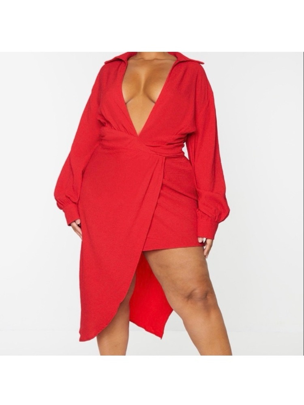 Pretty Little Thing Plus Red Plunge Wrap Textured Dress Plunge Neck Size 20 NWT